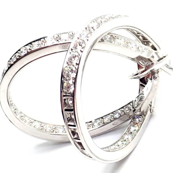 Authentic! Van Cleef & Arpels 18k White Gold Diamond Large Hoop Earrings - Picture 6 of 16